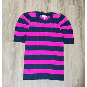 Milly Ribbed Knit Striped Top Black Pink Short Sleeve Crewneck Preppy